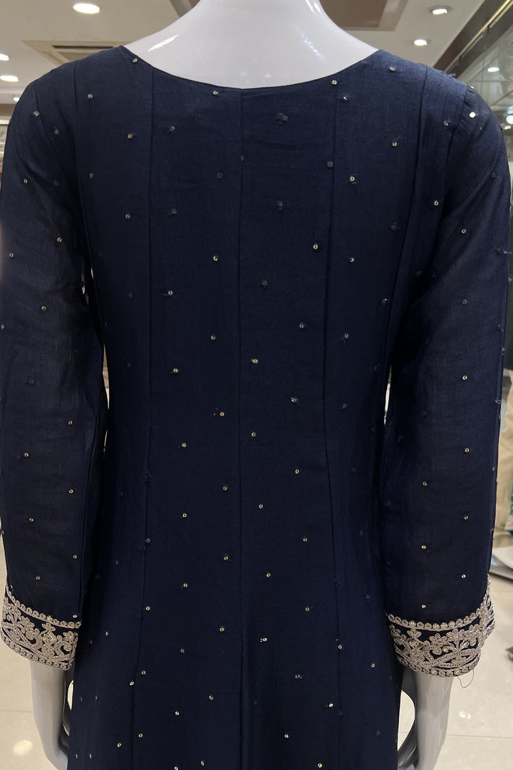 Navy Blue Sequins and Zari Thread work Anarkali Style Salwar Suit