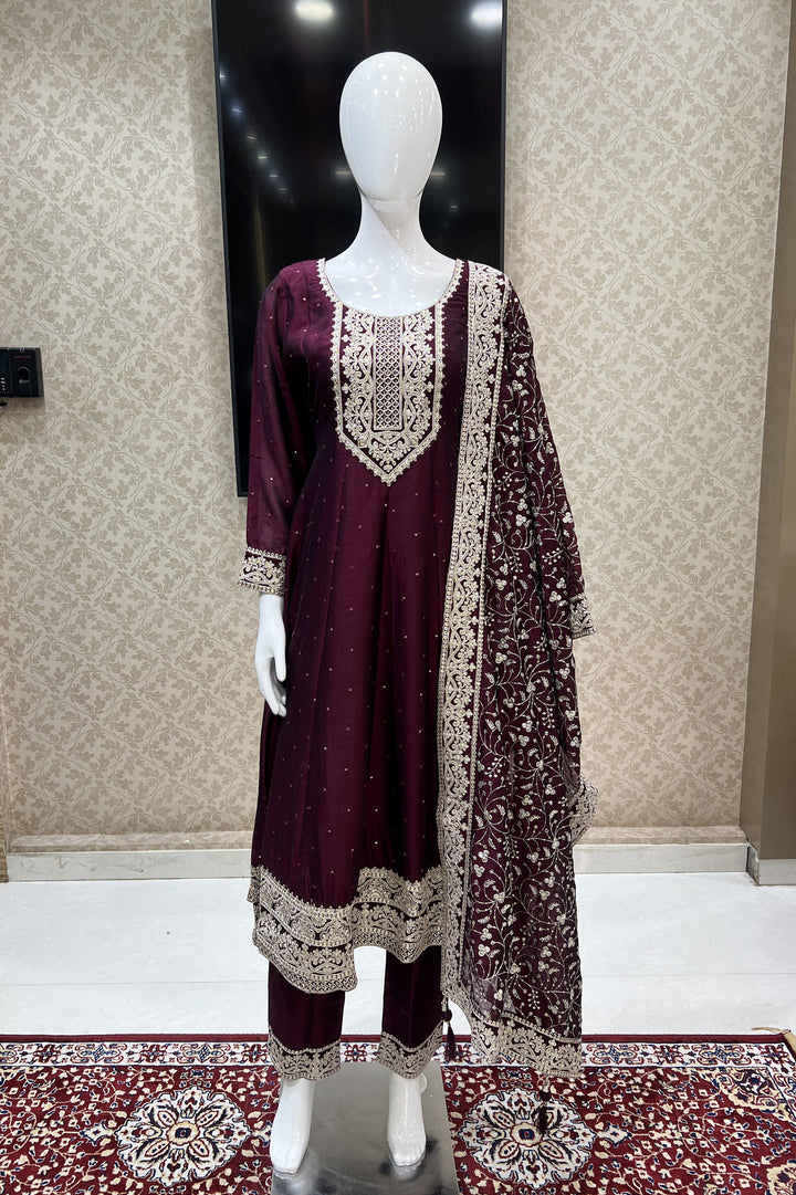 Wine Sequins and Zari Thread work Anarkali Style Salwar Suit