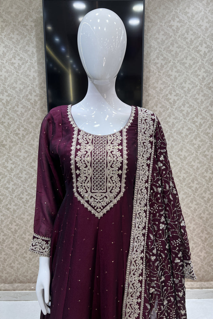 Wine Sequins and Zari Thread work Anarkali Style Salwar Suit