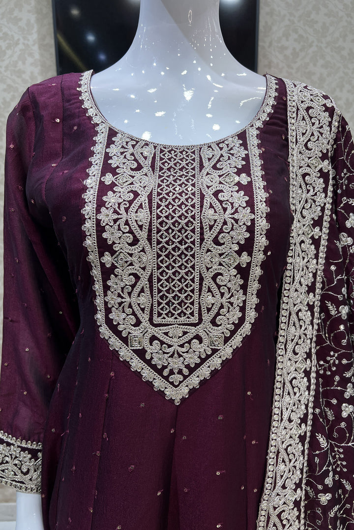 Wine Sequins and Zari Thread work Anarkali Style Salwar Suit