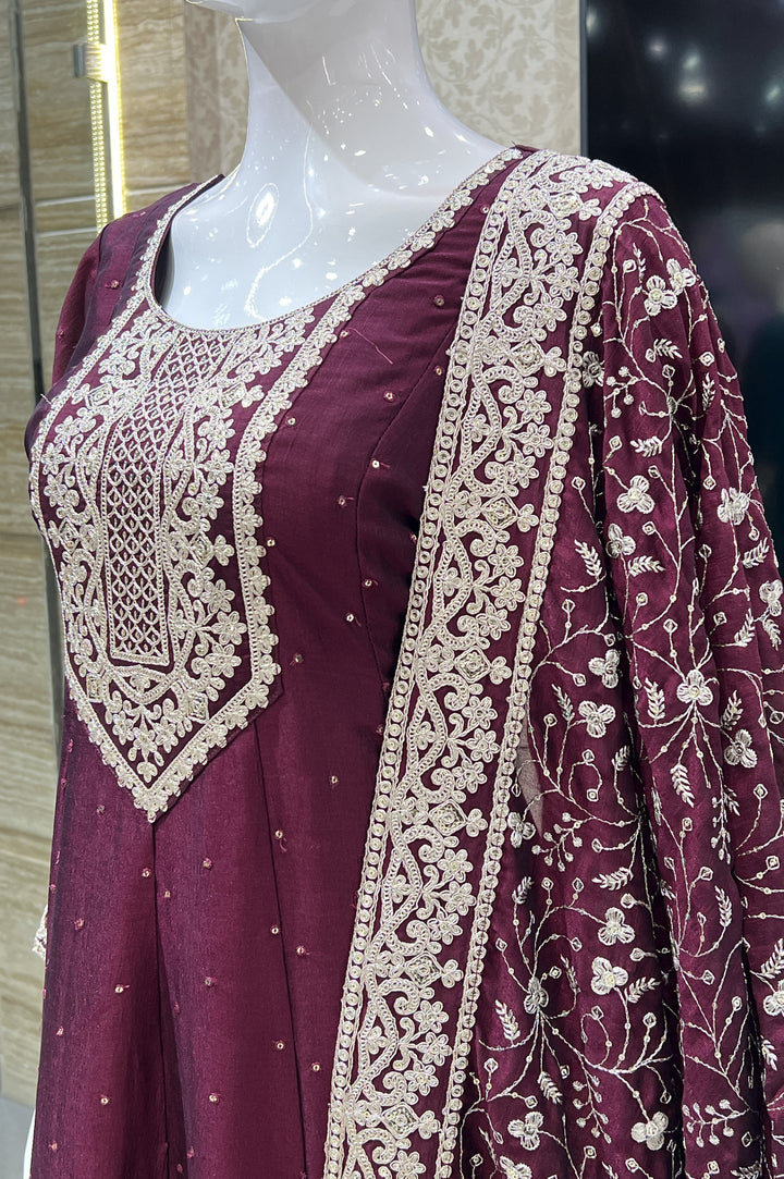 Wine Sequins and Zari Thread work Anarkali Style Salwar Suit