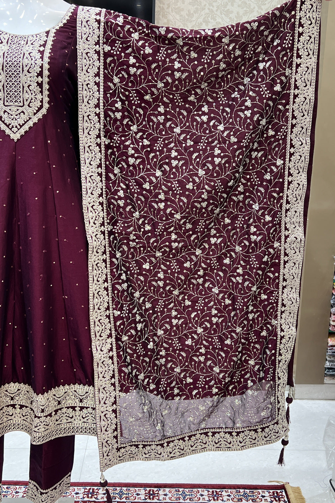 Wine Sequins and Zari Thread work Anarkali Style Salwar Suit