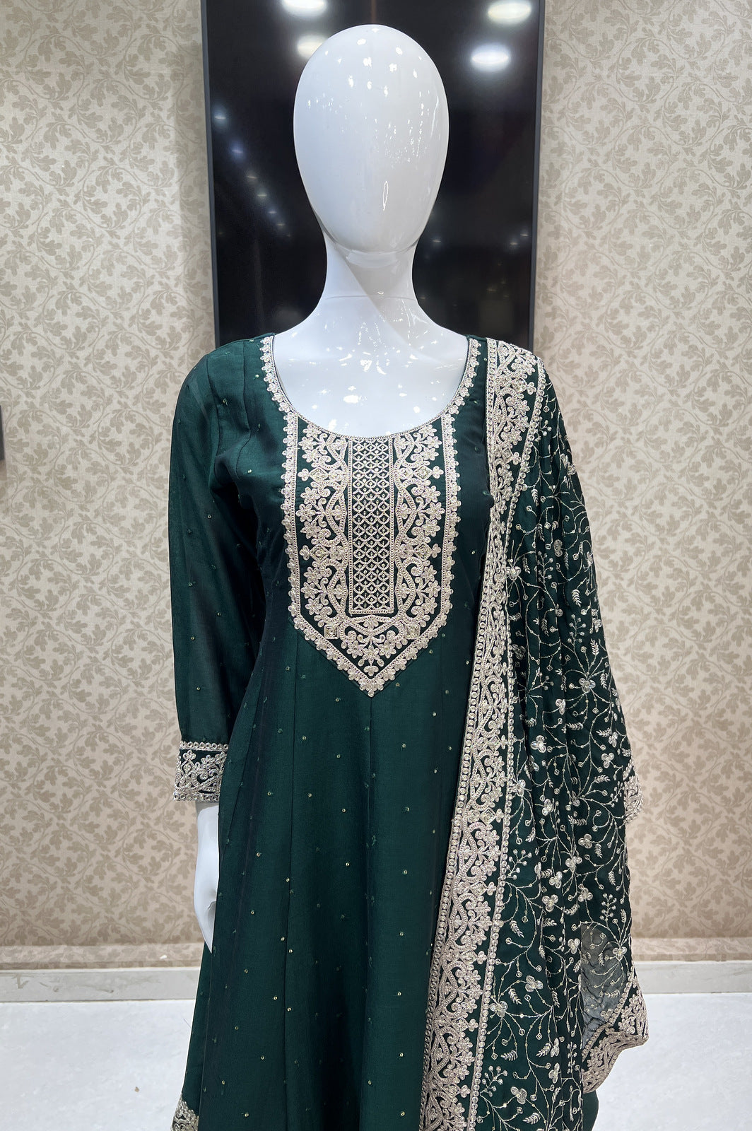 Bottle Green Sequins and Zari Thread work Anarkali Style Salwar Suit