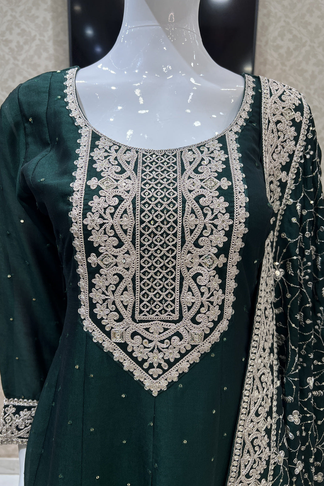 Bottle Green Sequins and Zari Thread work Anarkali Style Salwar Suit