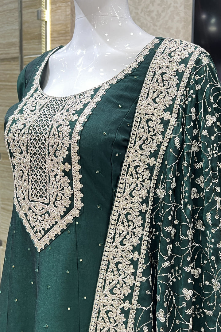 Bottle Green Sequins and Zari Thread work Anarkali Style Salwar Suit