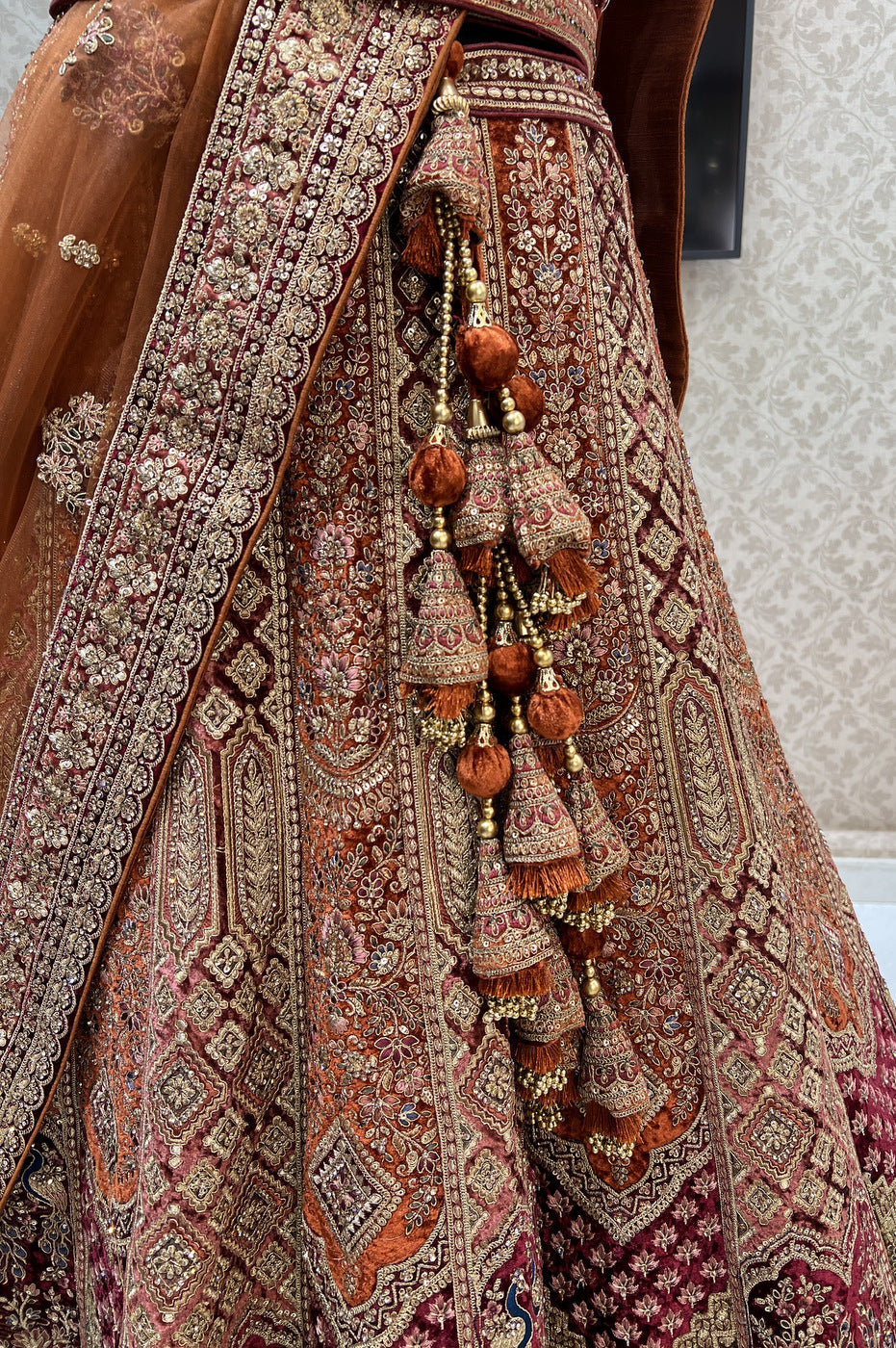 Multicolor Thread, Stone, Sequins and Zari work Semi Stitched Designer Bridal Lehenga