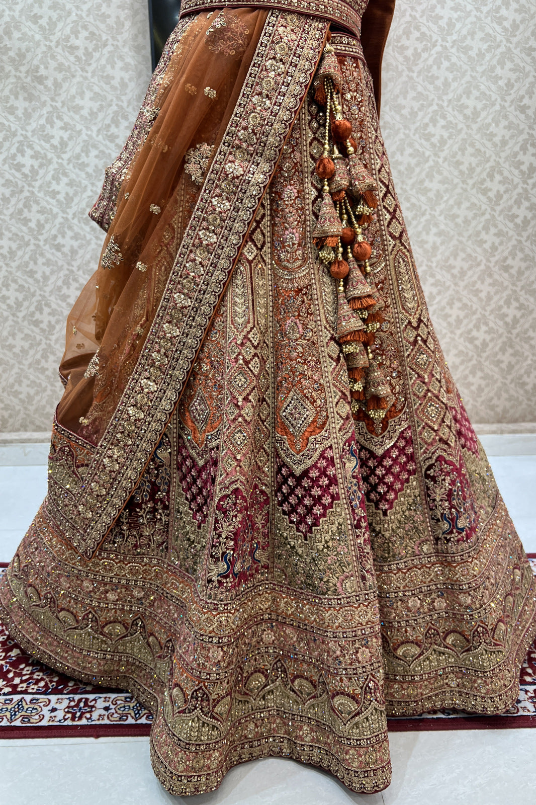 Multicolor Thread, Stone, Sequins and Zari work Semi Stitched Designer Bridal Lehenga