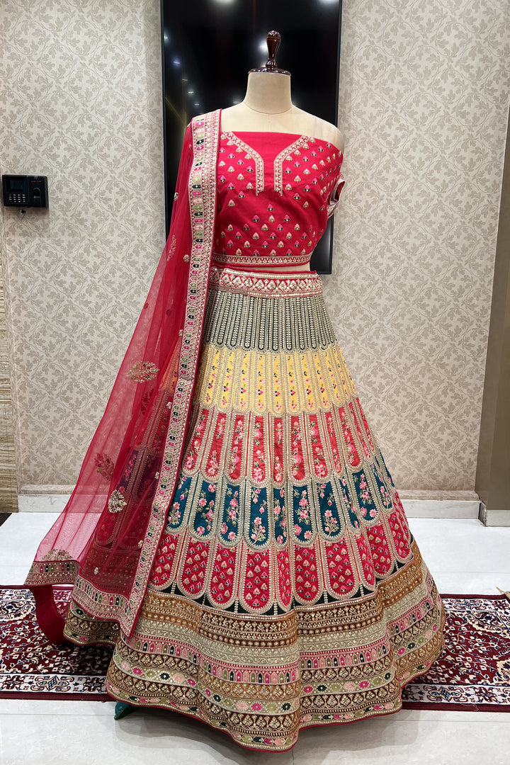 Red with Multicolor Embroidery, Sequins and Zari work Semi Stitched Designer Bridal Lehenga