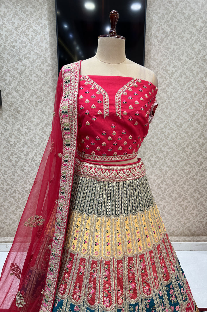 Red with Multicolor Embroidery, Sequins and Zari work Semi Stitched Designer Bridal Lehenga