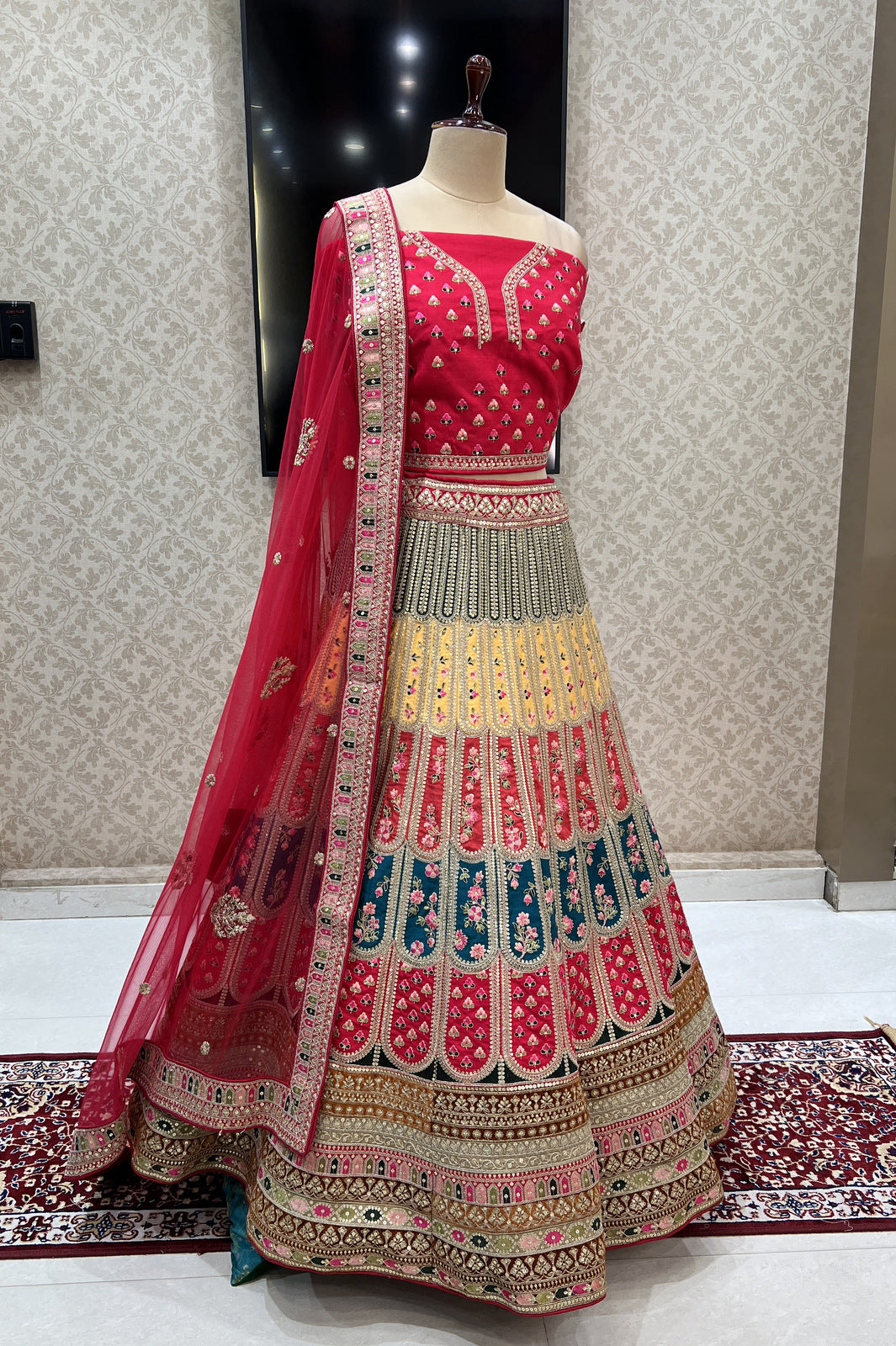 Red with Multicolor Embroidery, Sequins and Zari work Semi Stitched Designer Bridal Lehenga