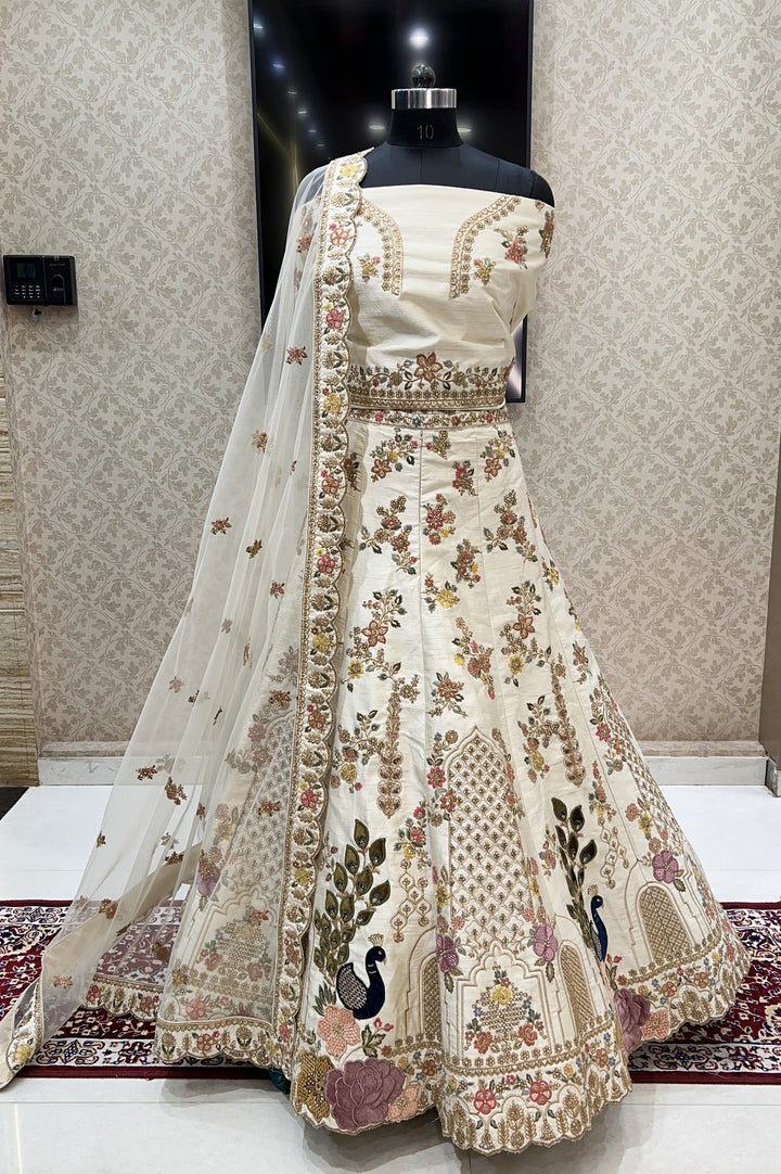 Cream Applique, Sequins and Gota Patti work Semi Stitched Designer Bridal Lehenga