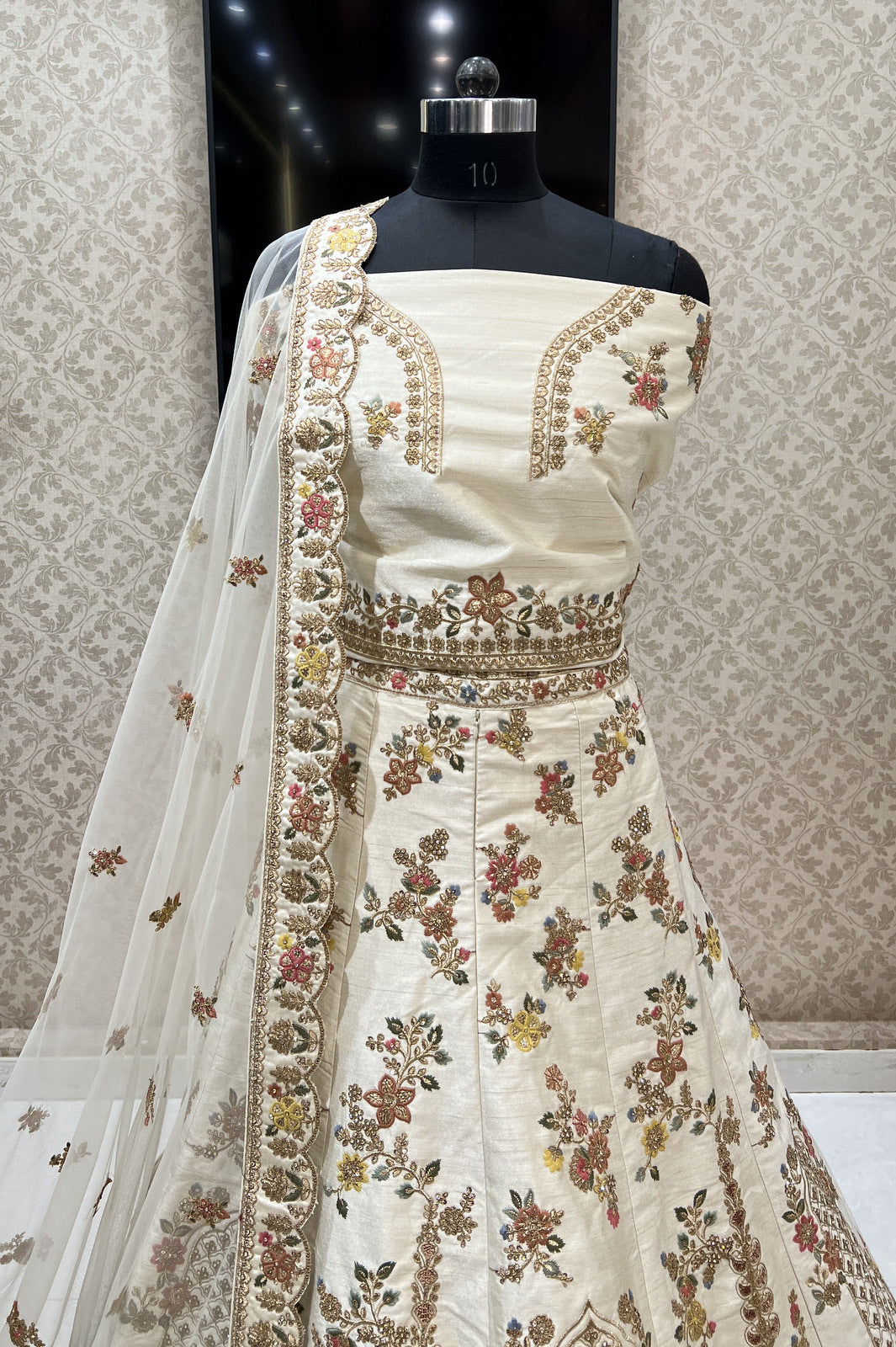 Cream Applique, Sequins and Gota Patti work Semi Stitched Designer Bridal Lehenga