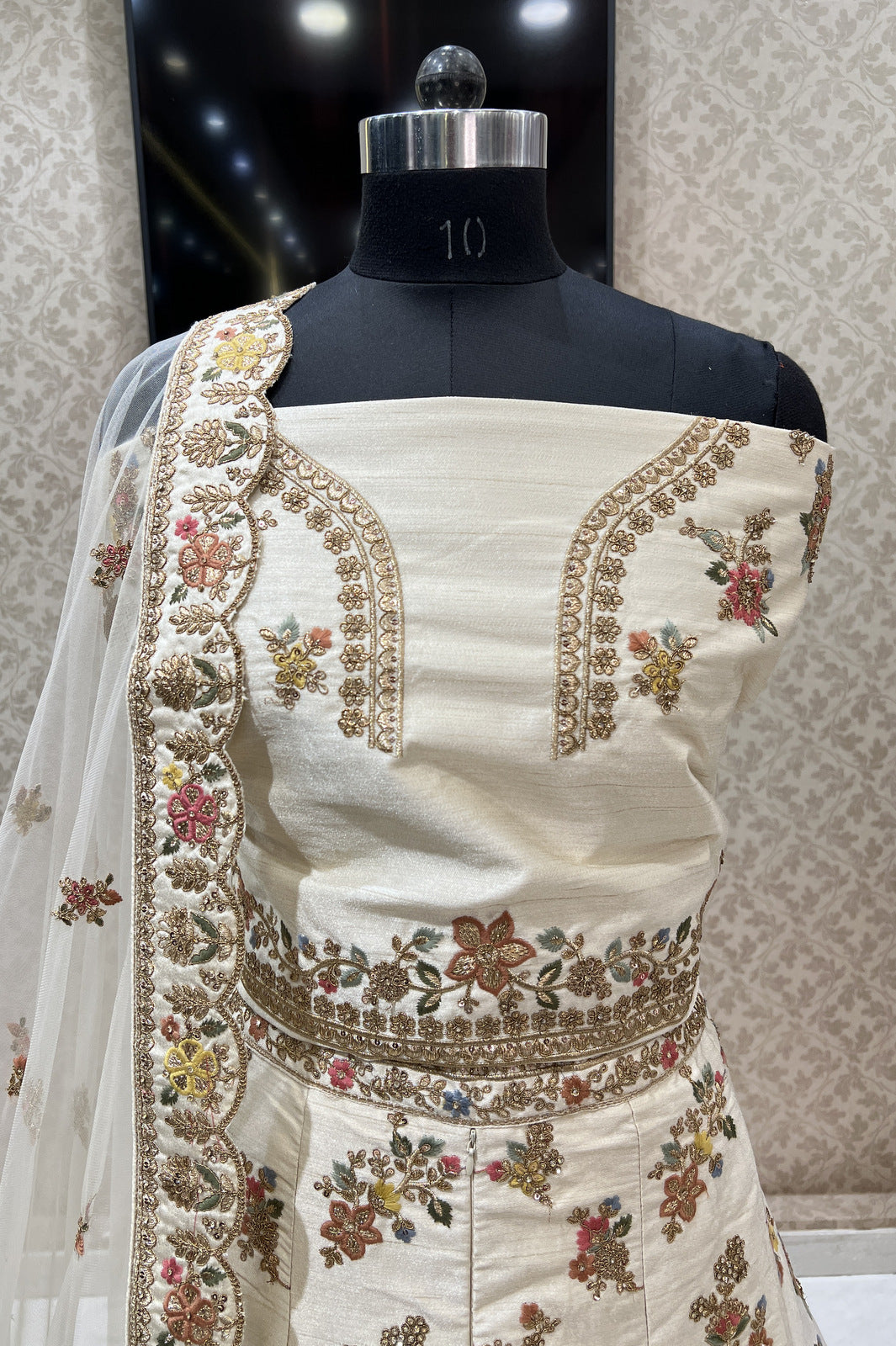 Cream Applique, Sequins and Gota Patti work Semi Stitched Designer Bridal Lehenga