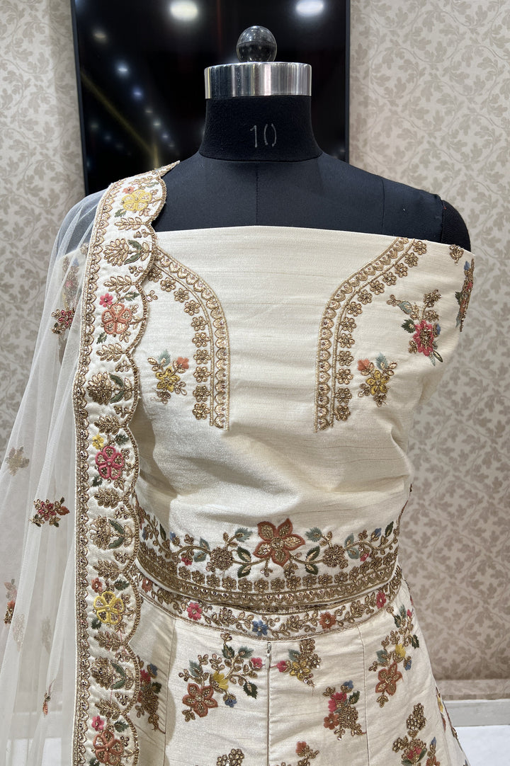 Cream Applique, Sequins and Gota Patti work Semi Stitched Designer Bridal Lehenga