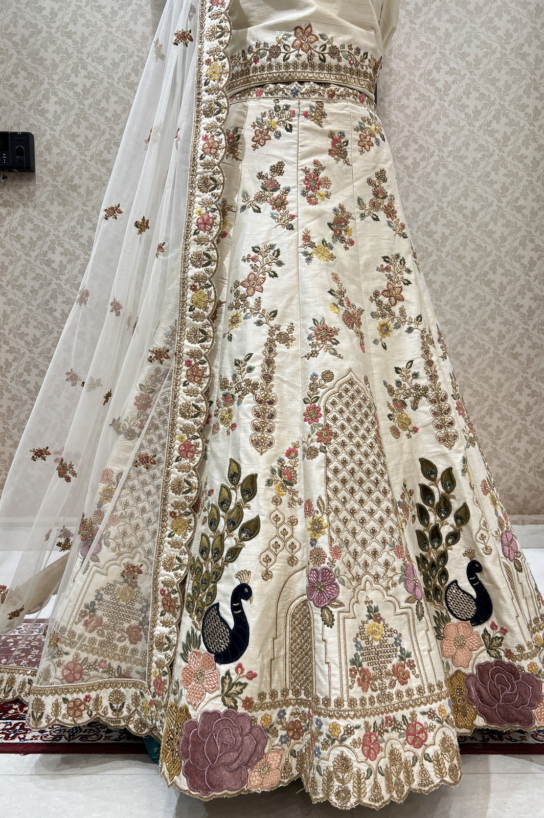 Cream Applique, Sequins and Gota Patti work Semi Stitched Designer Bridal Lehenga