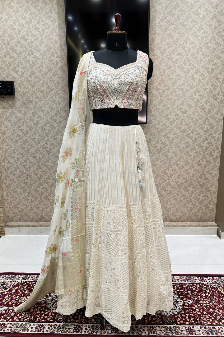 Cream Mirror, Beads, Pearl, Sequins, Banaras and Lucknowi work Crop Top Lehenga