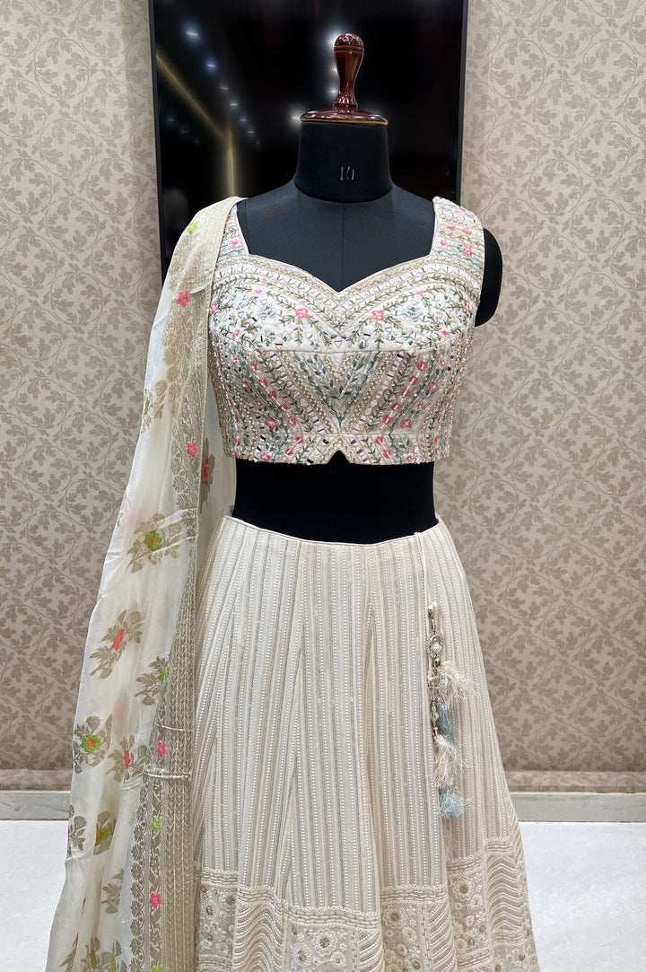 Cream Mirror, Beads, Pearl, Sequins, Banaras and Lucknowi work Crop Top Lehenga