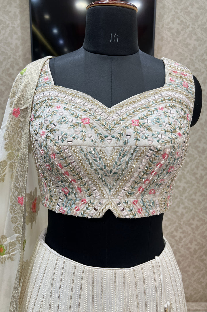 Cream Mirror, Beads, Pearl, Sequins, Banaras and Lucknowi work Crop Top Lehenga