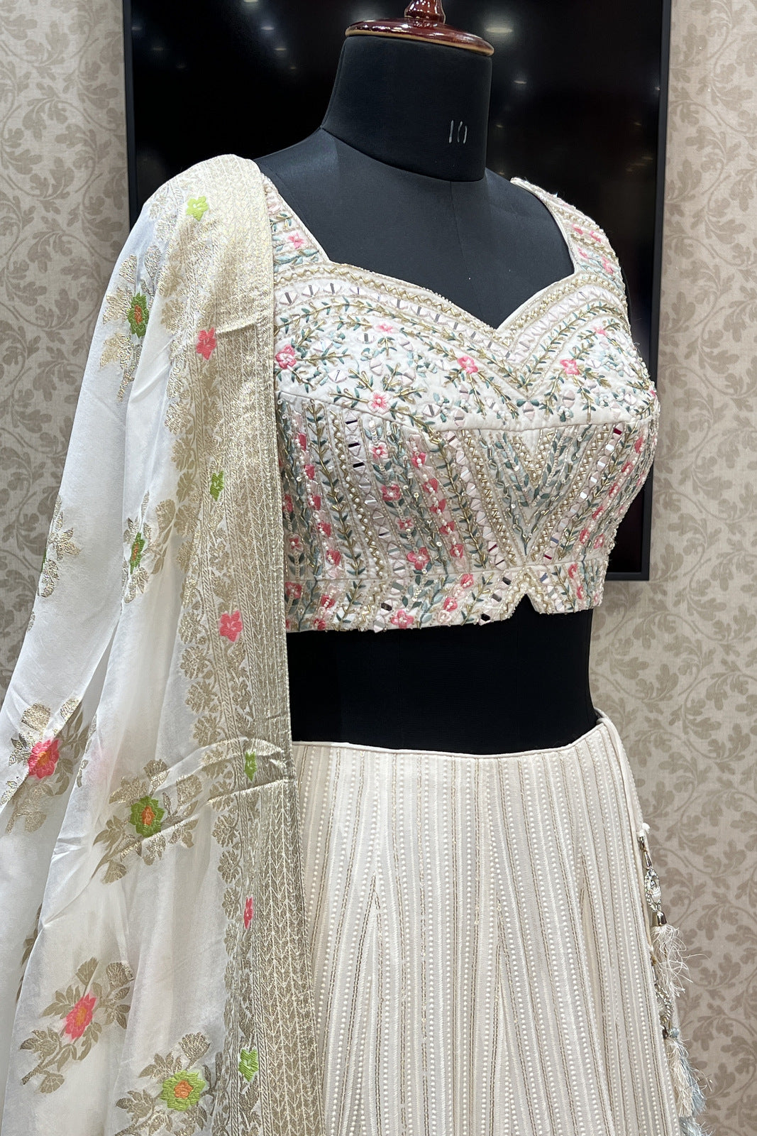 Cream Mirror, Beads, Pearl, Sequins, Banaras and Lucknowi work Crop Top Lehenga