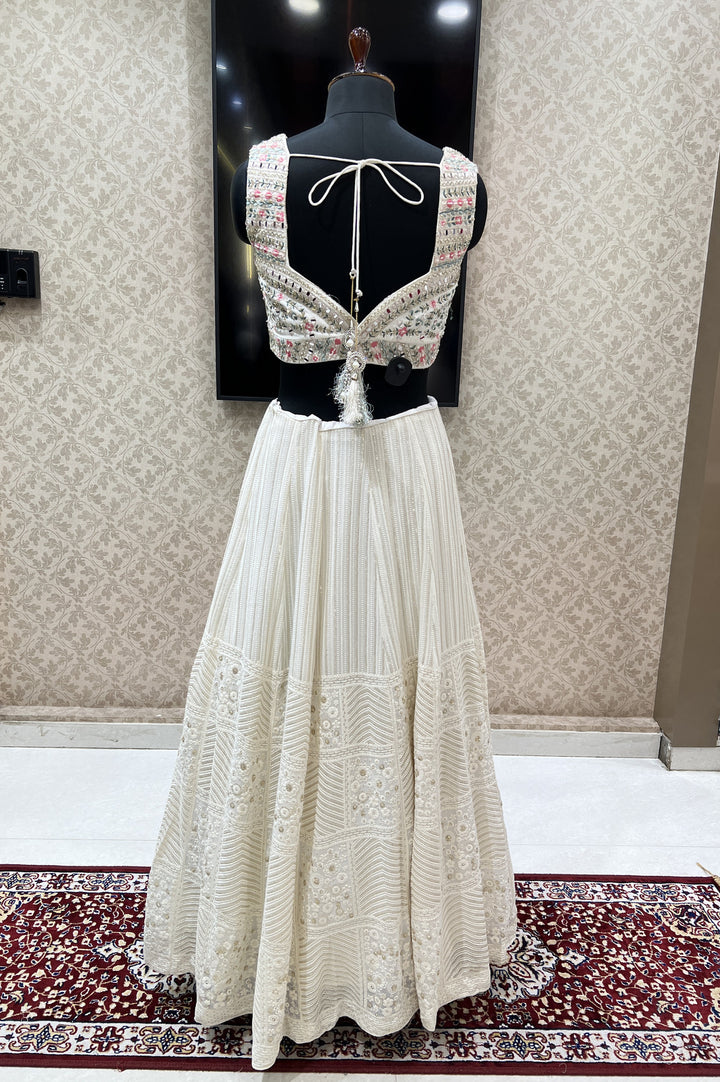 Cream Mirror, Beads, Pearl, Sequins, Banaras and Lucknowi work Crop Top Lehenga