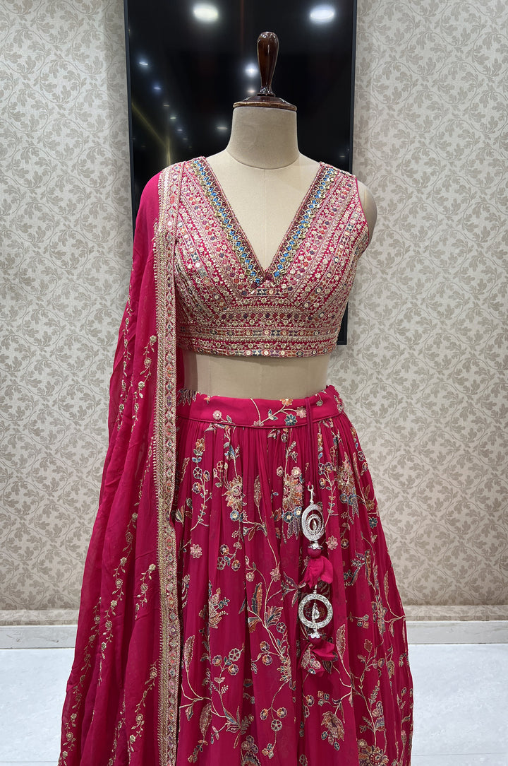 Rani Pink Sequins, Zari, Thread, Mirror and Beads work Crop Top Lehenga