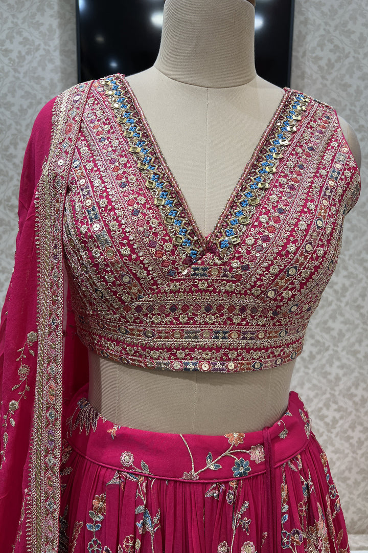 Rani Pink Sequins, Zari, Thread, Mirror and Beads work Crop Top Lehenga