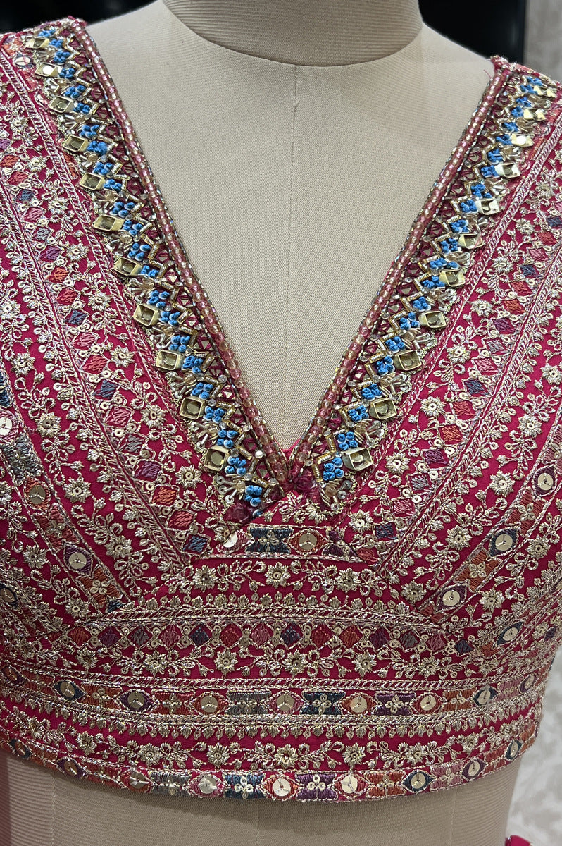 Rani Pink Sequins, Zari, Thread, Mirror and Beads work Crop Top Lehenga