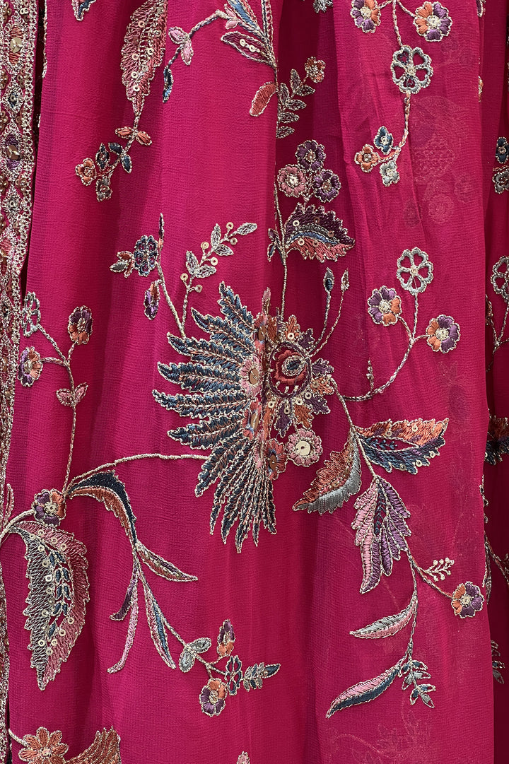 Rani Pink Sequins, Zari, Thread, Mirror and Beads work Crop Top Lehenga