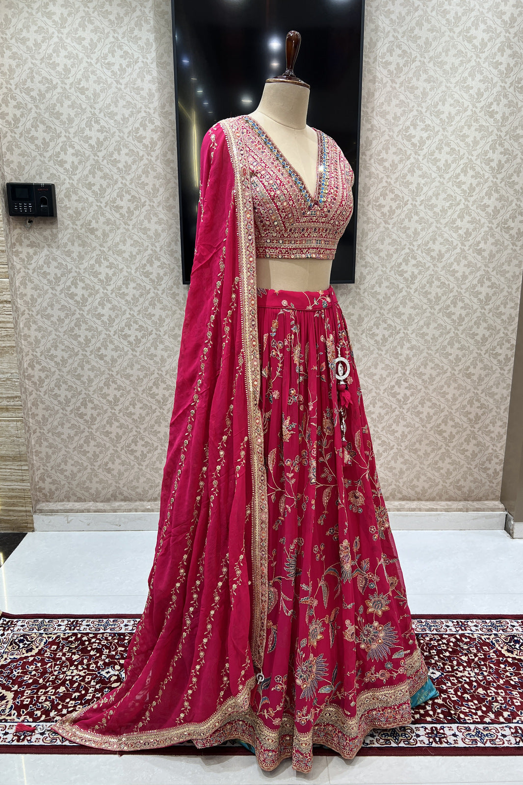 Rani Pink Sequins, Zari, Thread, Mirror and Beads work Crop Top Lehenga