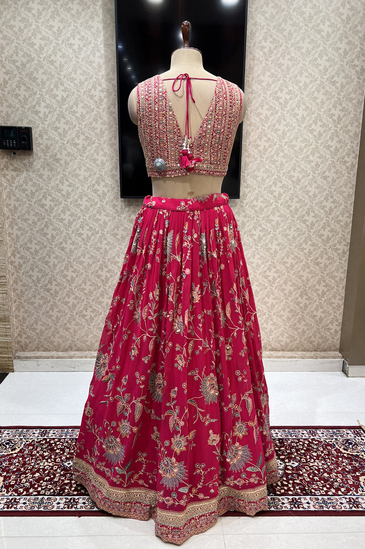 Rani Pink Sequins, Zari, Thread, Mirror and Beads work Crop Top Lehenga