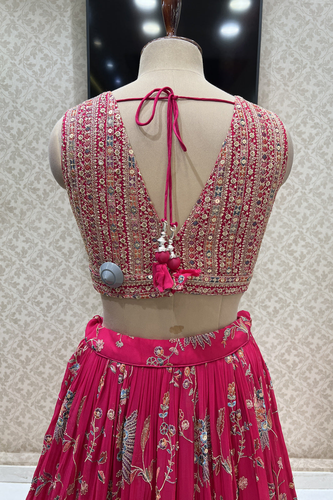 Rani Pink Sequins, Zari, Thread, Mirror and Beads work Crop Top Lehenga