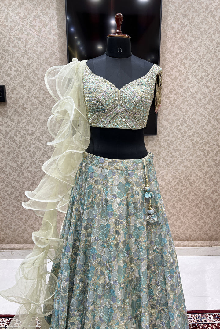 Sea Green Mirror, Beads, Thread and Sequins work Crop Top Lehenga