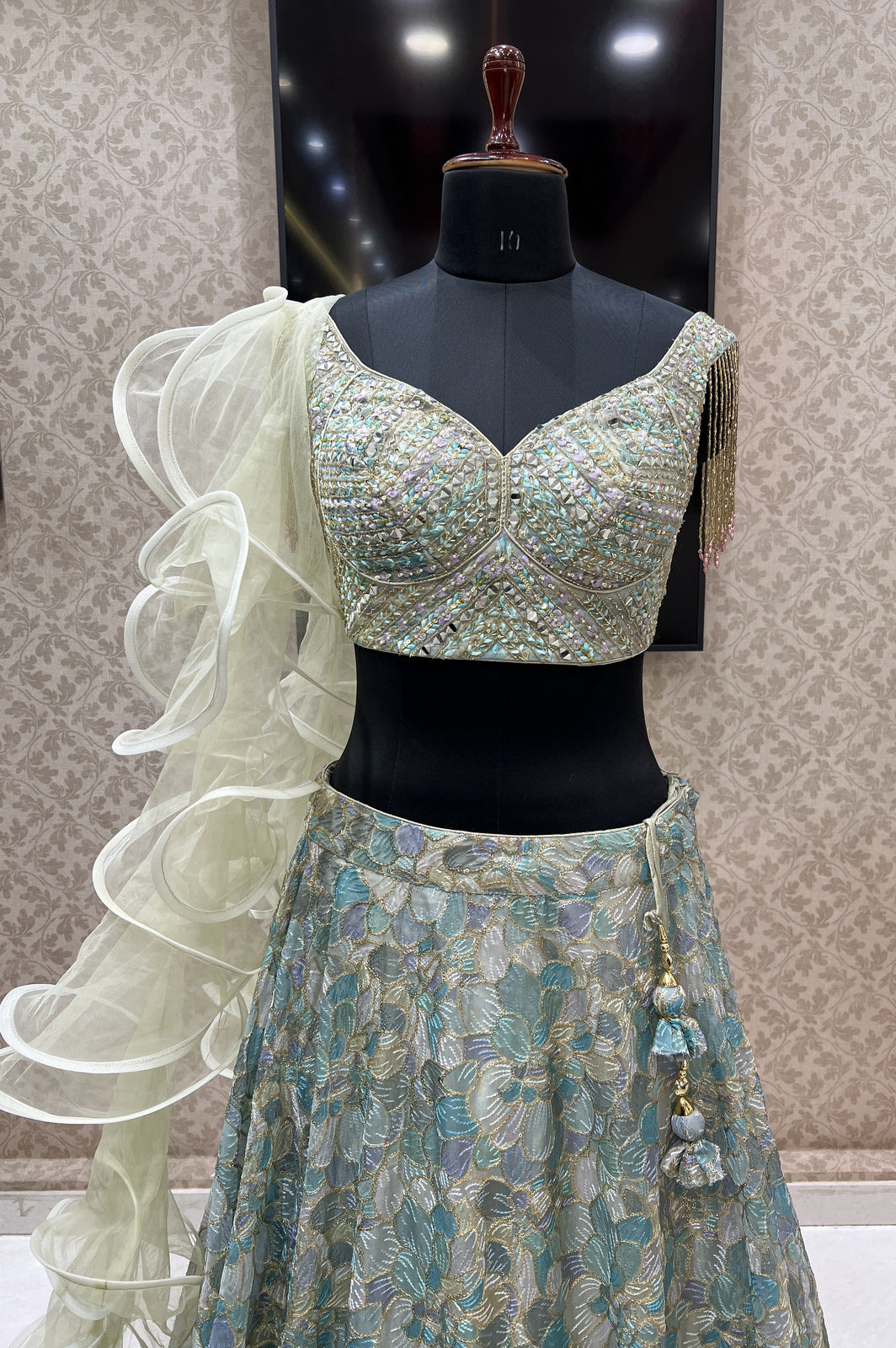 Sea Green Mirror, Beads, Thread and Sequins work Crop Top Lehenga