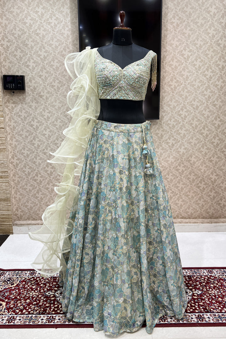 Sea Green Mirror, Beads, Thread and Sequins work Crop Top Lehenga