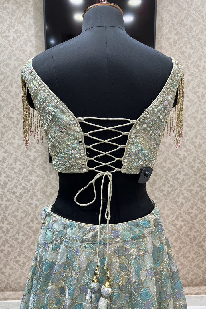 Sea Green Mirror, Beads, Thread and Sequins work Crop Top Lehenga