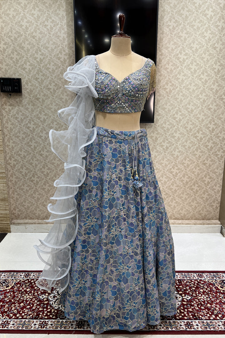 Grey with Blue Mirror, Beads, Thread and Sequins work Crop Top Lehenga