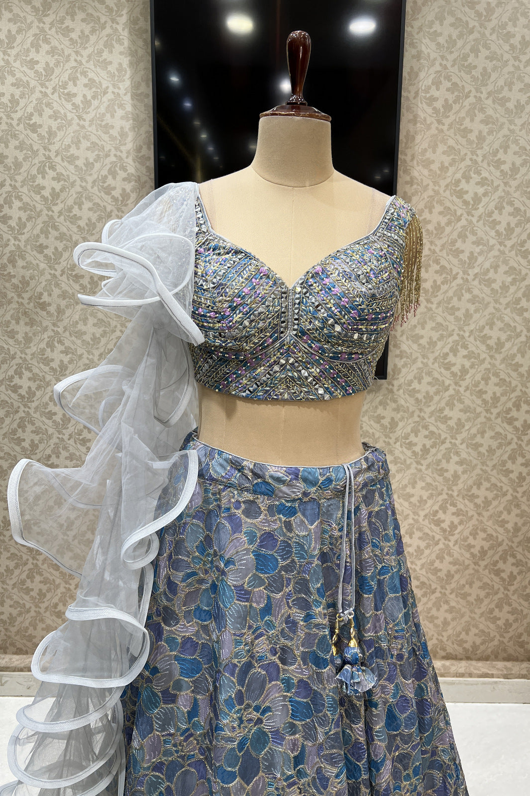 Grey with Blue Mirror, Beads, Thread and Sequins work Crop Top Lehenga