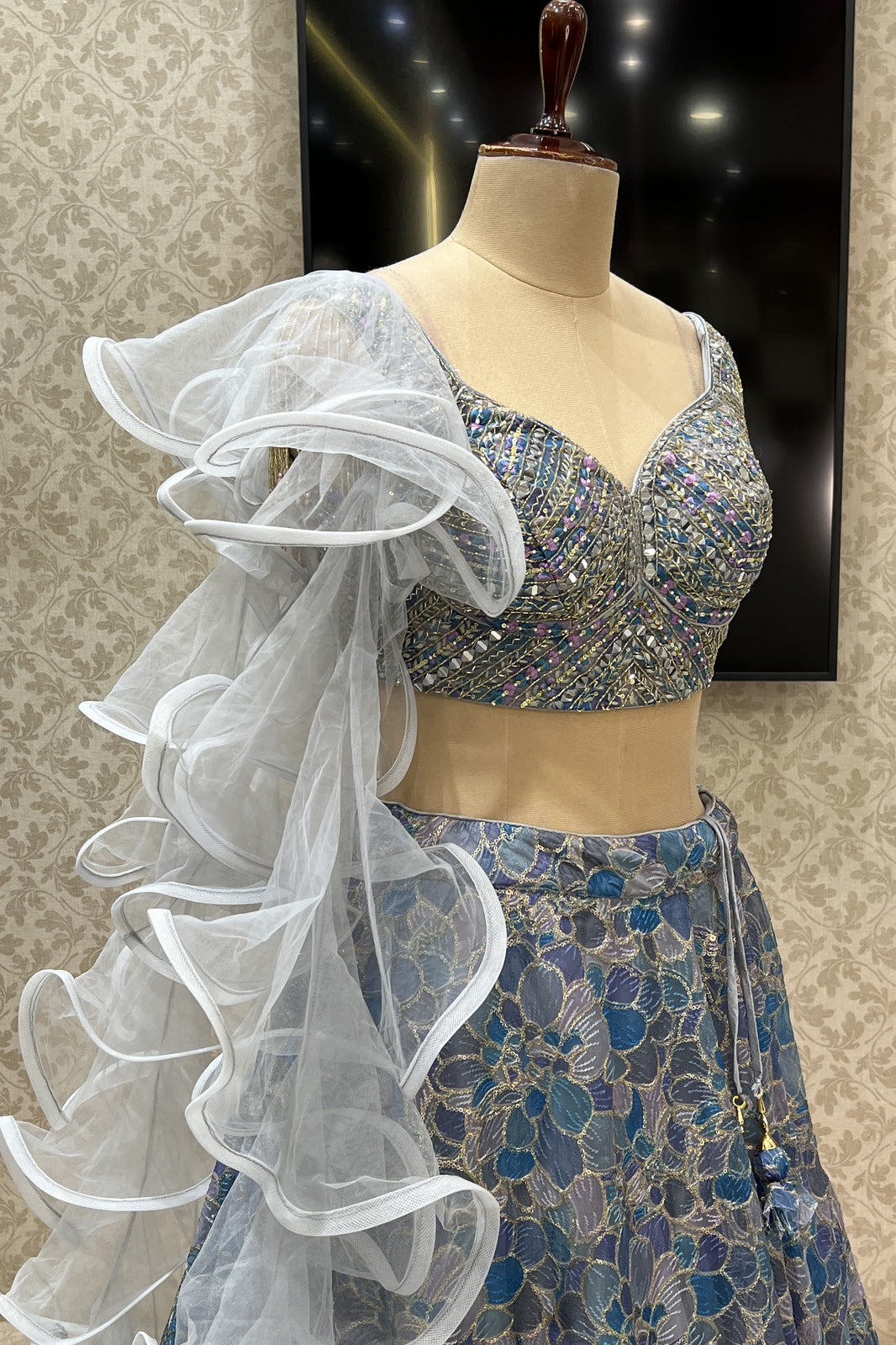 Grey with Blue Mirror, Beads, Thread and Sequins work Crop Top Lehenga