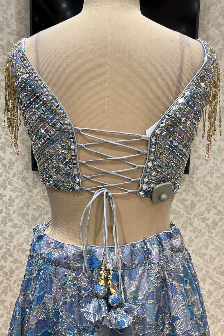 Grey with Blue Mirror, Beads, Thread and Sequins work Crop Top Lehenga