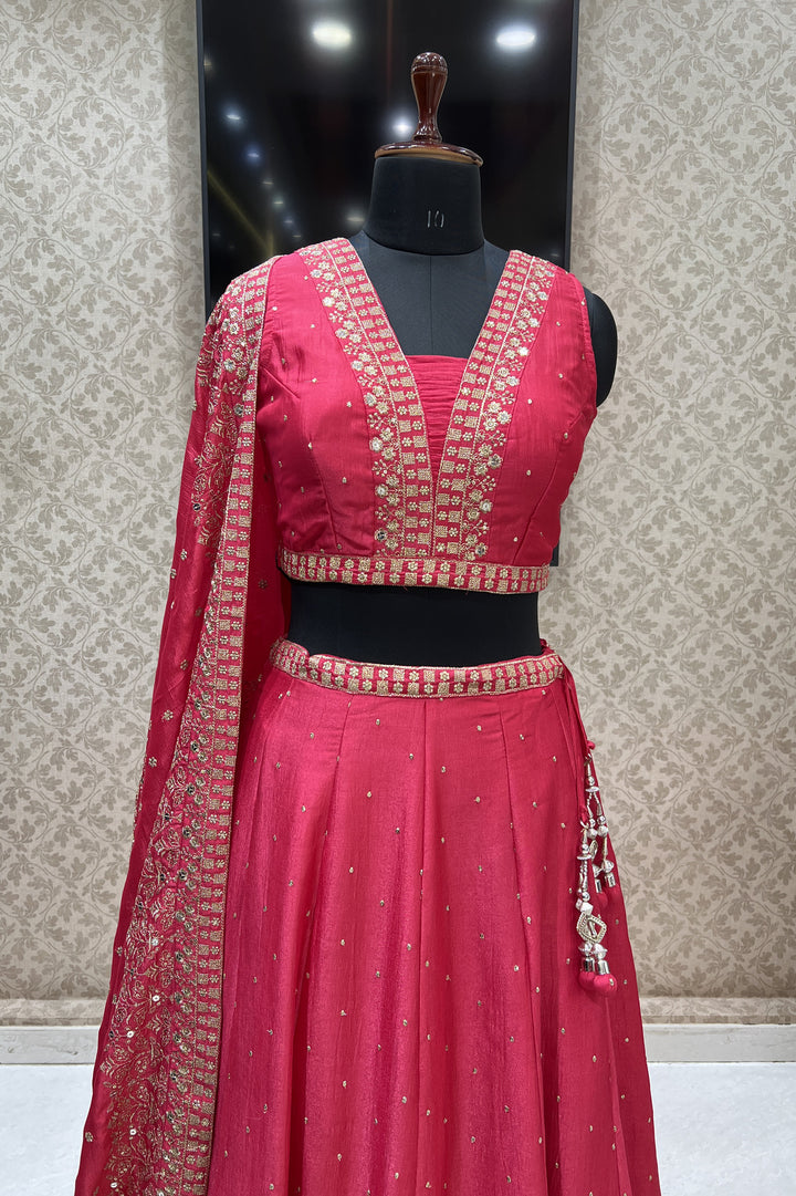 Tomato Red Zari and Sequins work Crop Top Lehenga