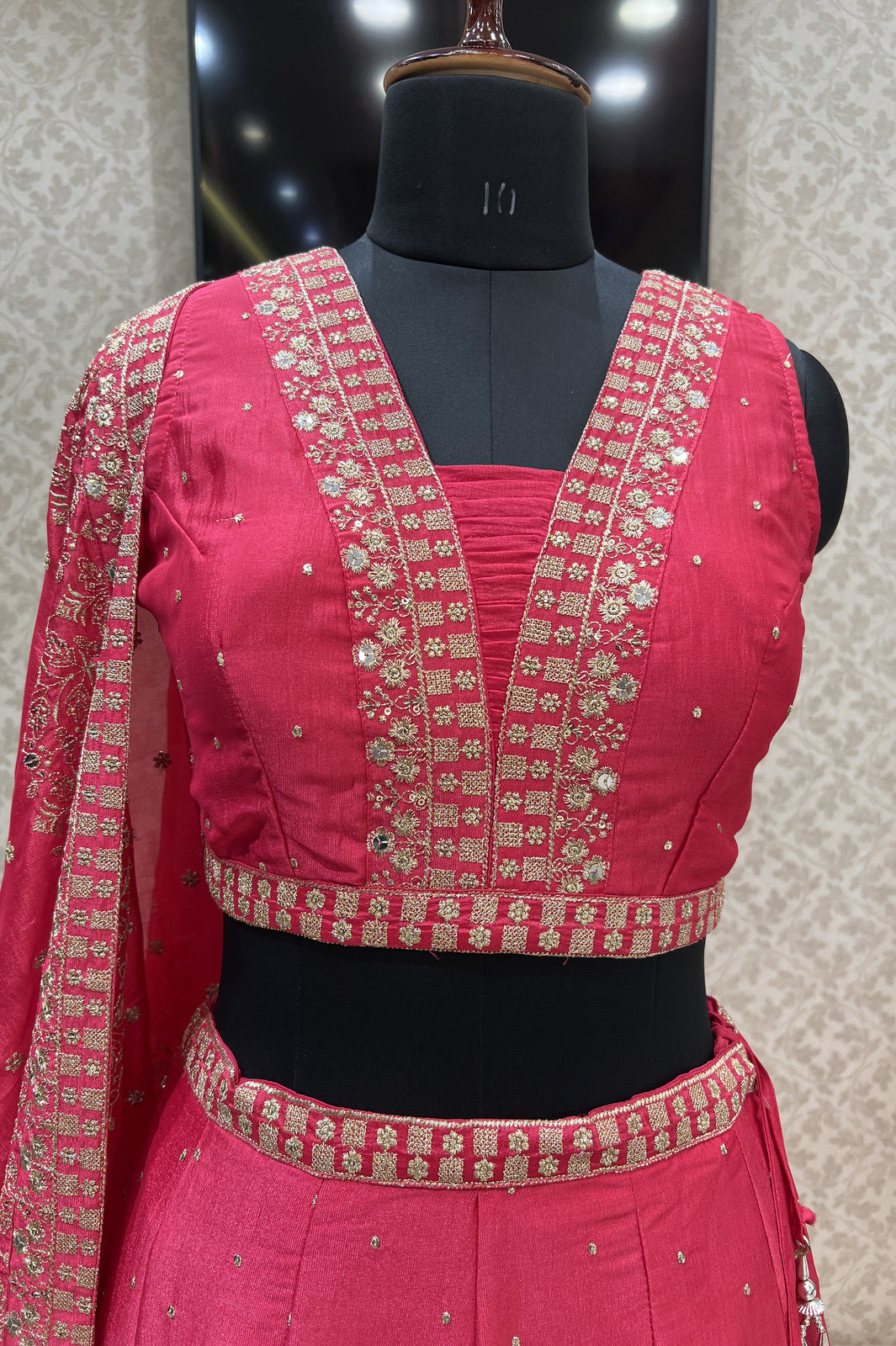 Tomato Red Zari and Sequins work Crop Top Lehenga