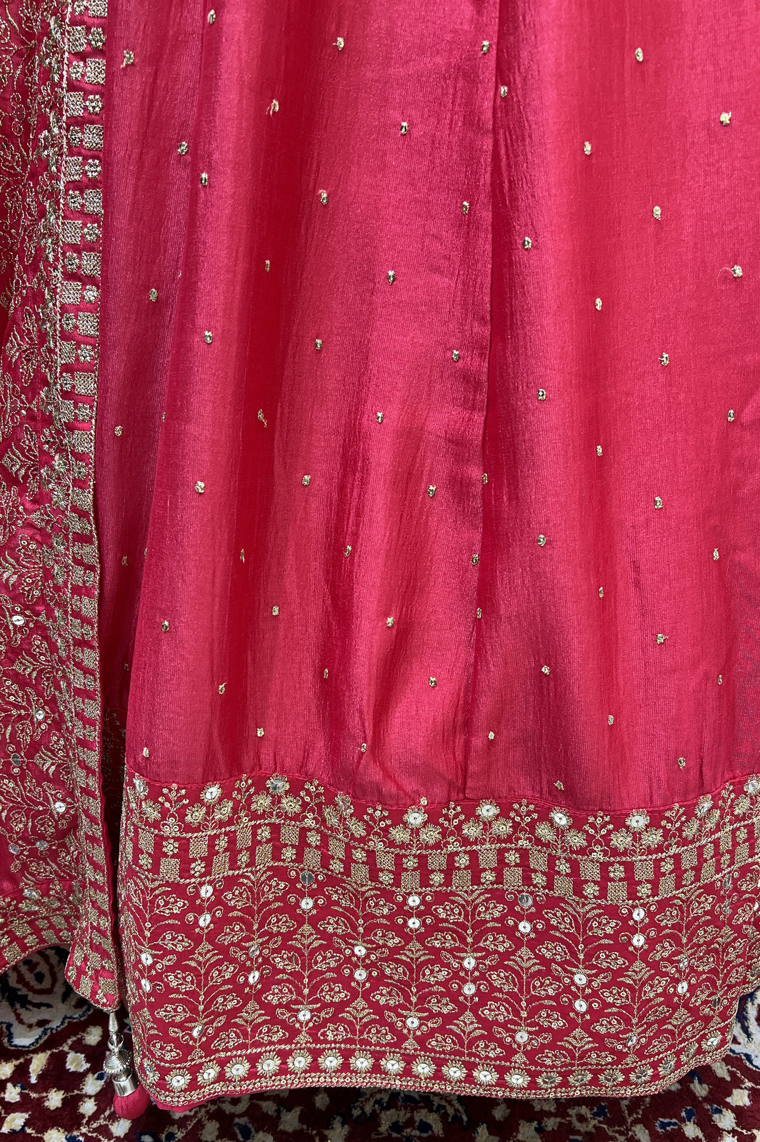 Tomato Red Zari and Sequins work Crop Top Lehenga