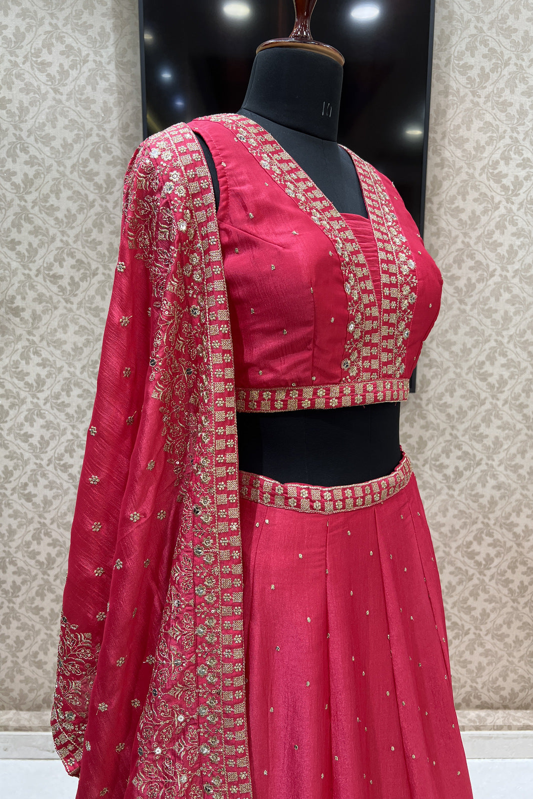 Tomato Red Zari and Sequins work Crop Top Lehenga