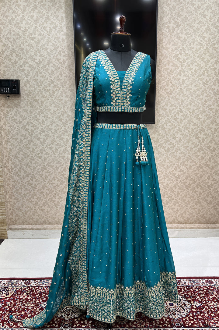 Rama Green Zari and Sequins work Crop Top Lehenga