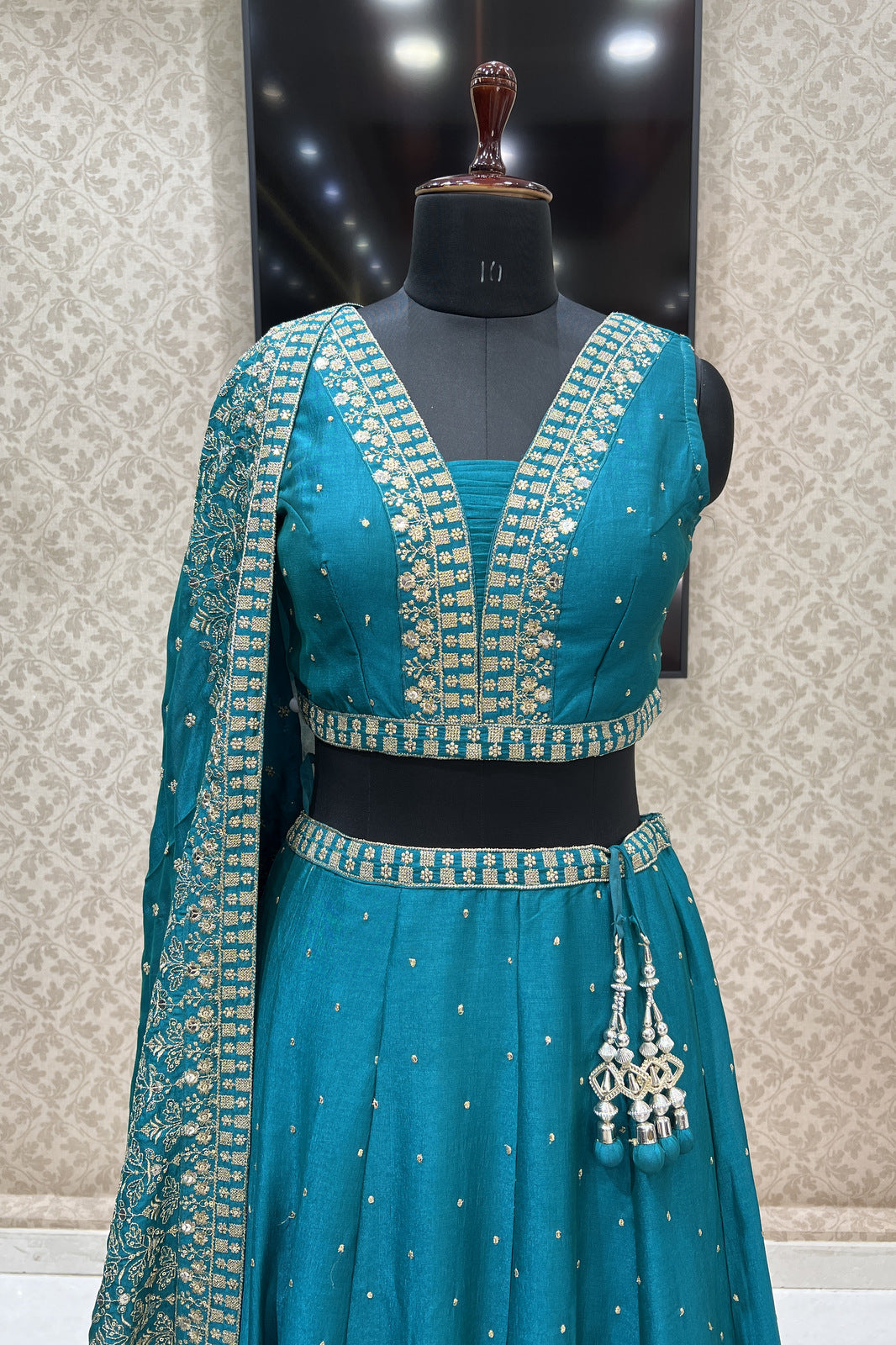 Rama Green Zari and Sequins work Crop Top Lehenga