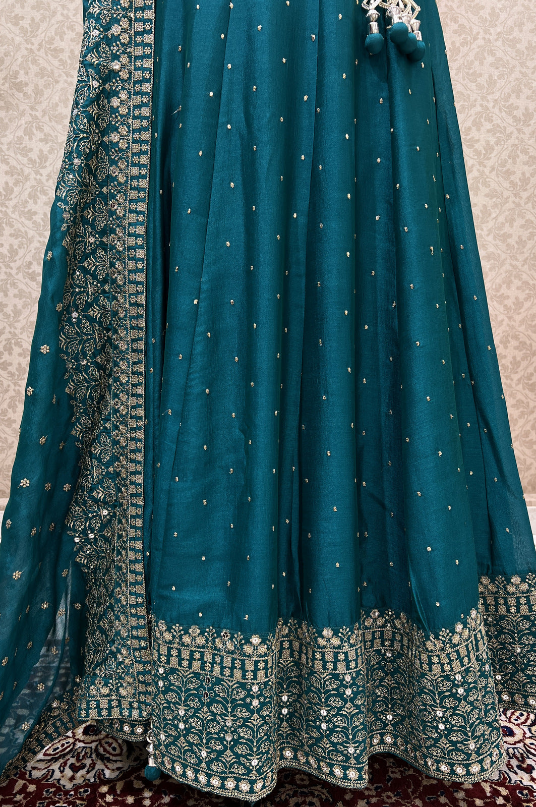 Rama Green Zari and Sequins work Crop Top Lehenga