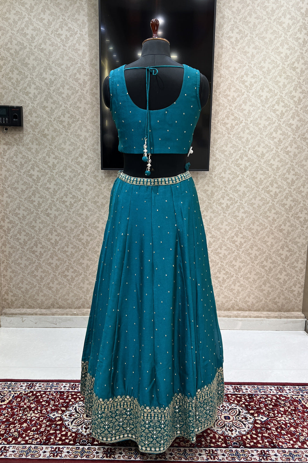 Rama Green Zari and Sequins work Crop Top Lehenga