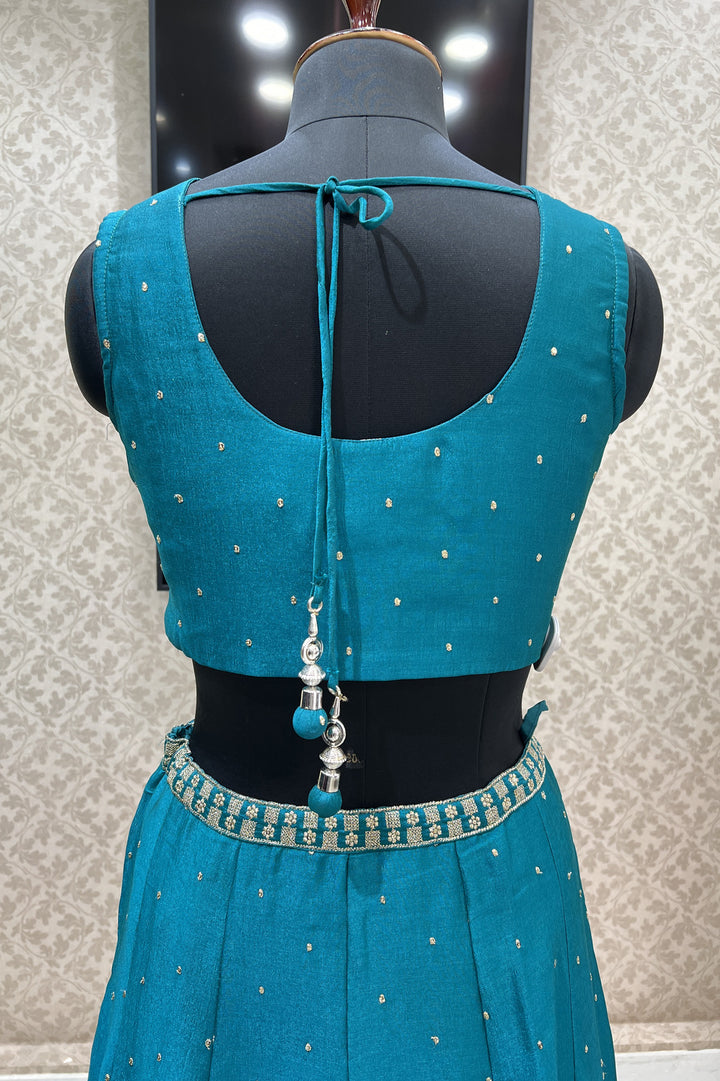 Rama Green Zari and Sequins work Crop Top Lehenga