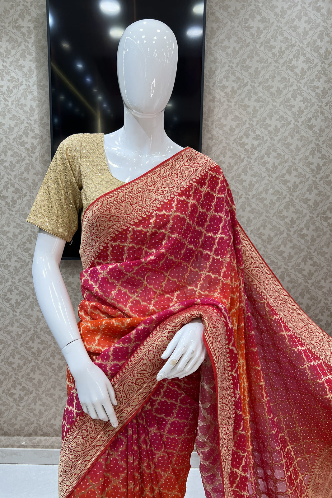 Multicolor Banaras work with Bandini Print Saree