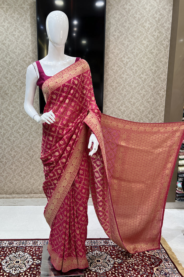 Pink Banaras work with Bandini Print Saree